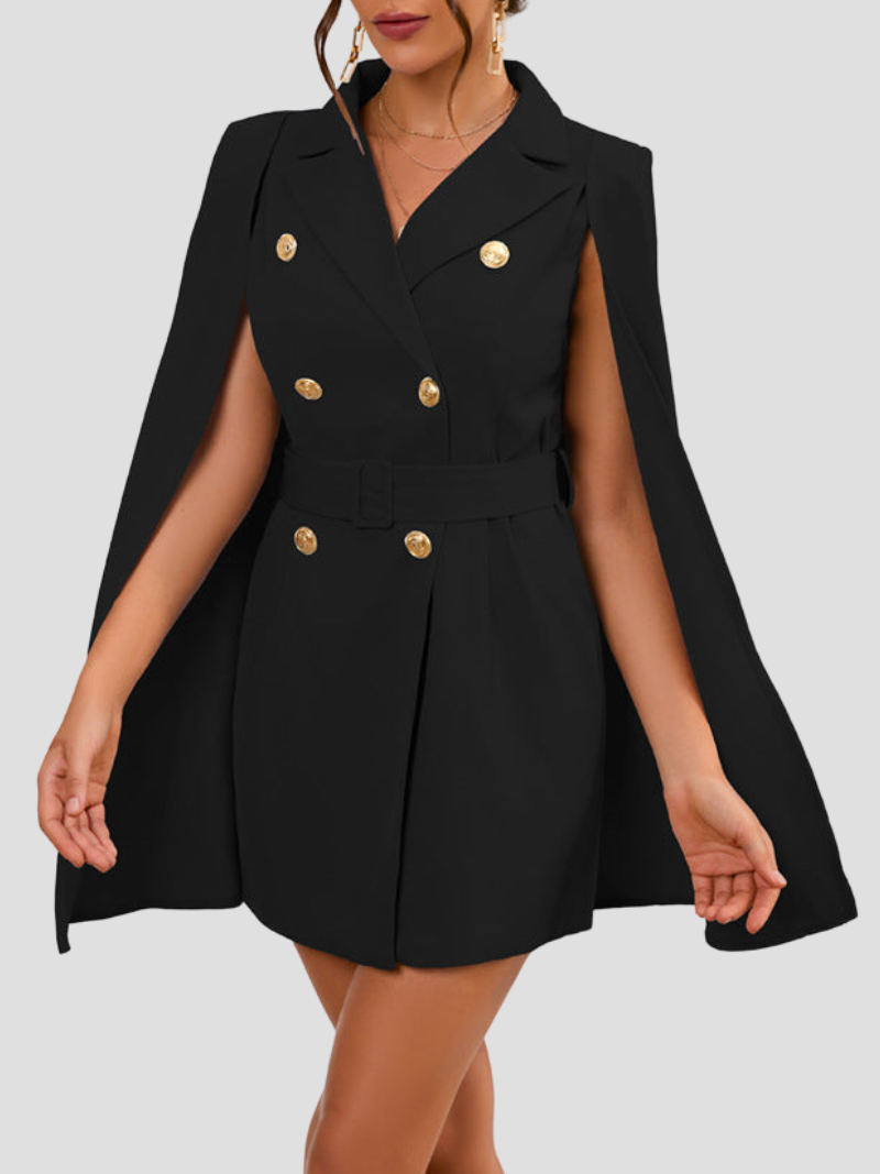 Women's Blazer Mini Dress - Double Breasted Cape Sleeve Notch Lapel Gold Button