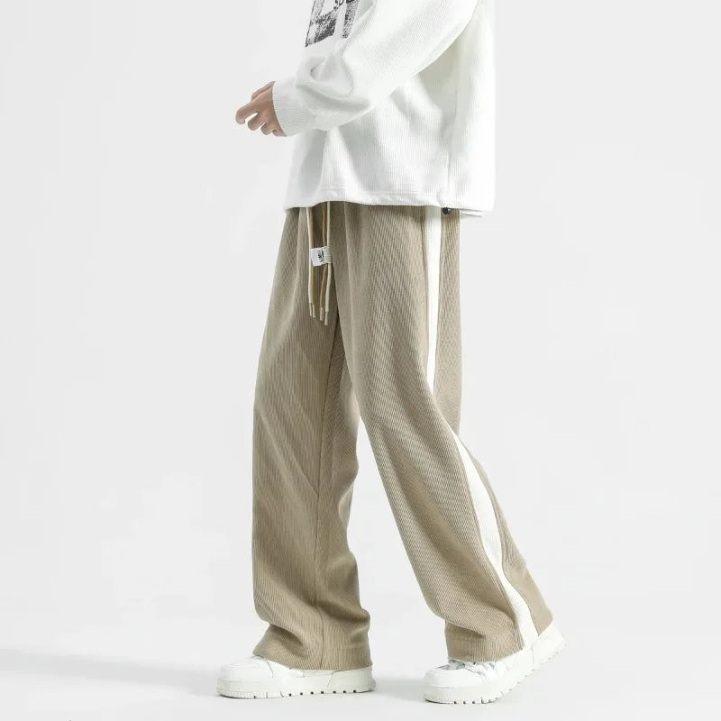 Men's Wide Leg Ribbed Pants with Side Stripe - Drawstring Waist - Full Length Casual Style