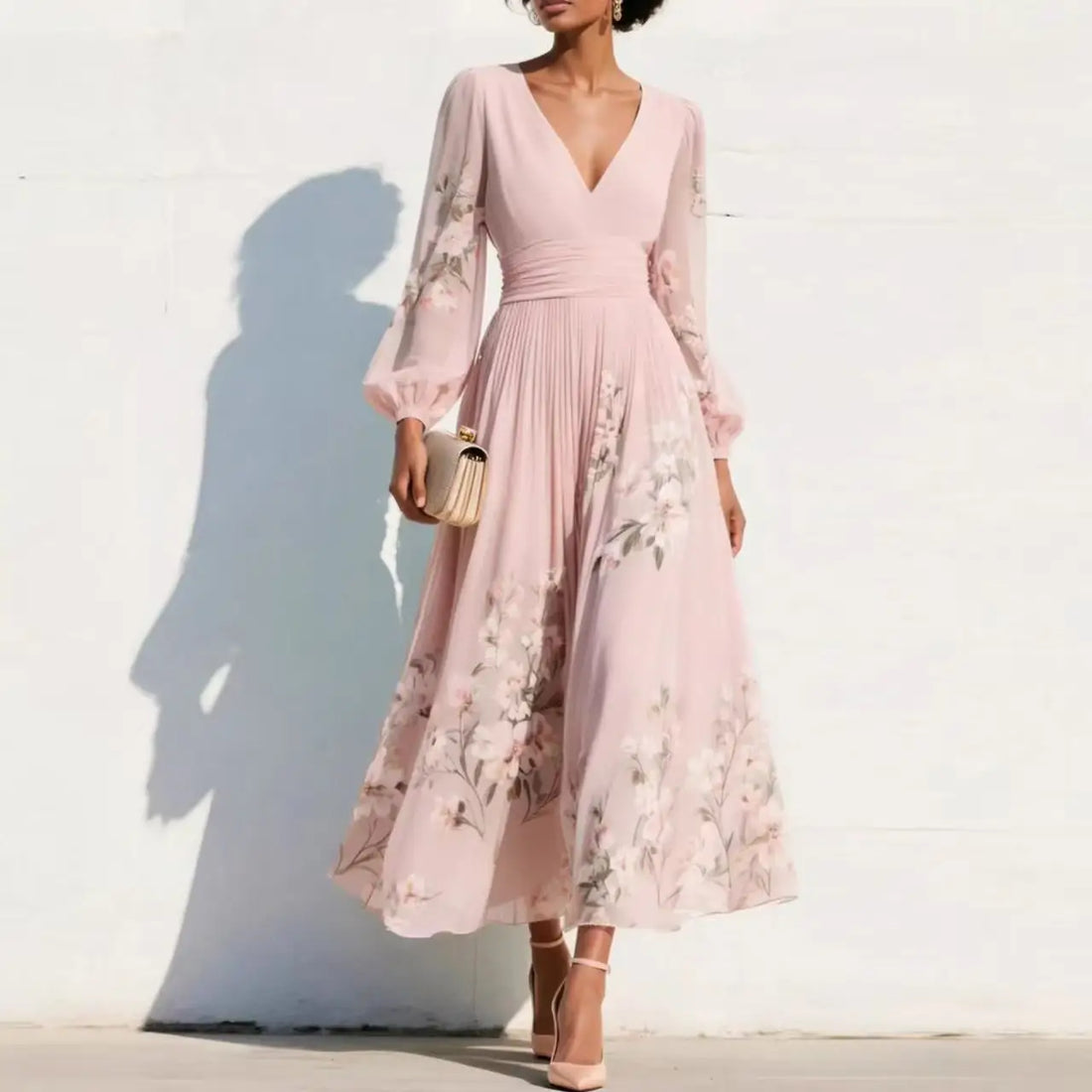 Women's Floral V-Neck Long Sleeve Midi Dress with Balloon Sleeves