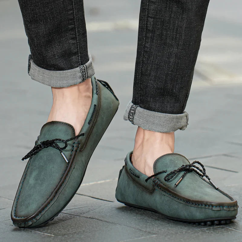 Men's Loafers - Slip On Moccasin with Braided Tie Detail and Rubber Sole