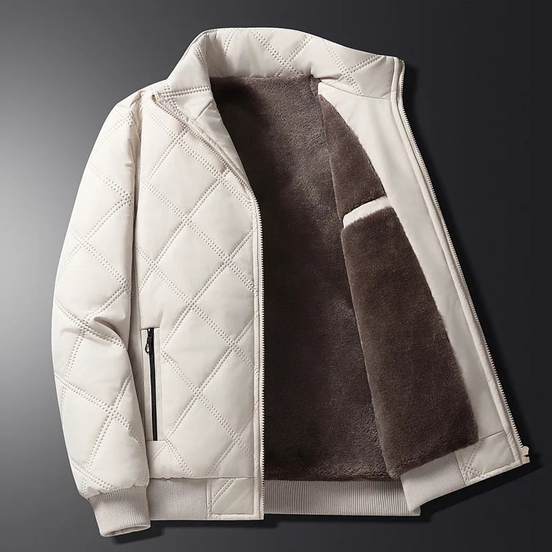 Men's Quilted Zip-Up Jacket with Stand Collar - Fleece Lined - Zip Pockets - Winter Style