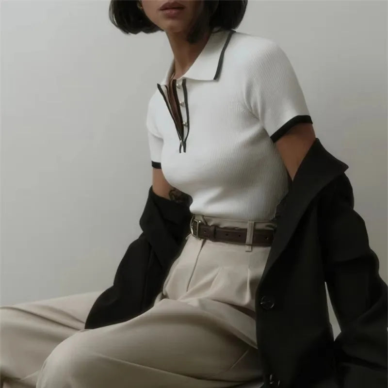 Women’s Ribbed Short Sleeve Polo Top with Button Placket and Contrast Collar