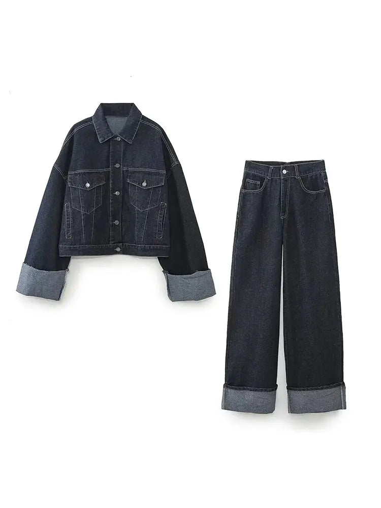 Women's Denim Two Piece Set - Cropped Jacket and Wide Leg Pants with Cuff Detail