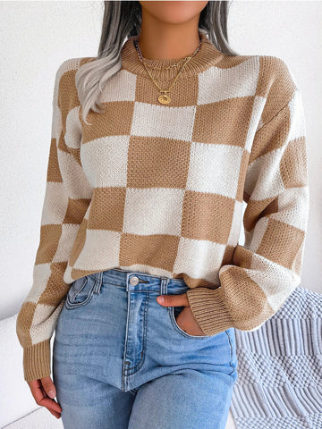 Women’s Jumper – Crew Neck Long Sleeve Checkered Knit with Ribbed Cuffs and Hem