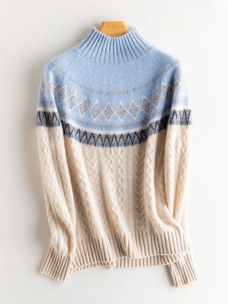 Women’s Jacquard High Neck Knitted Wool Jumper with Patterned Yoke and Ribbed Cuffs
