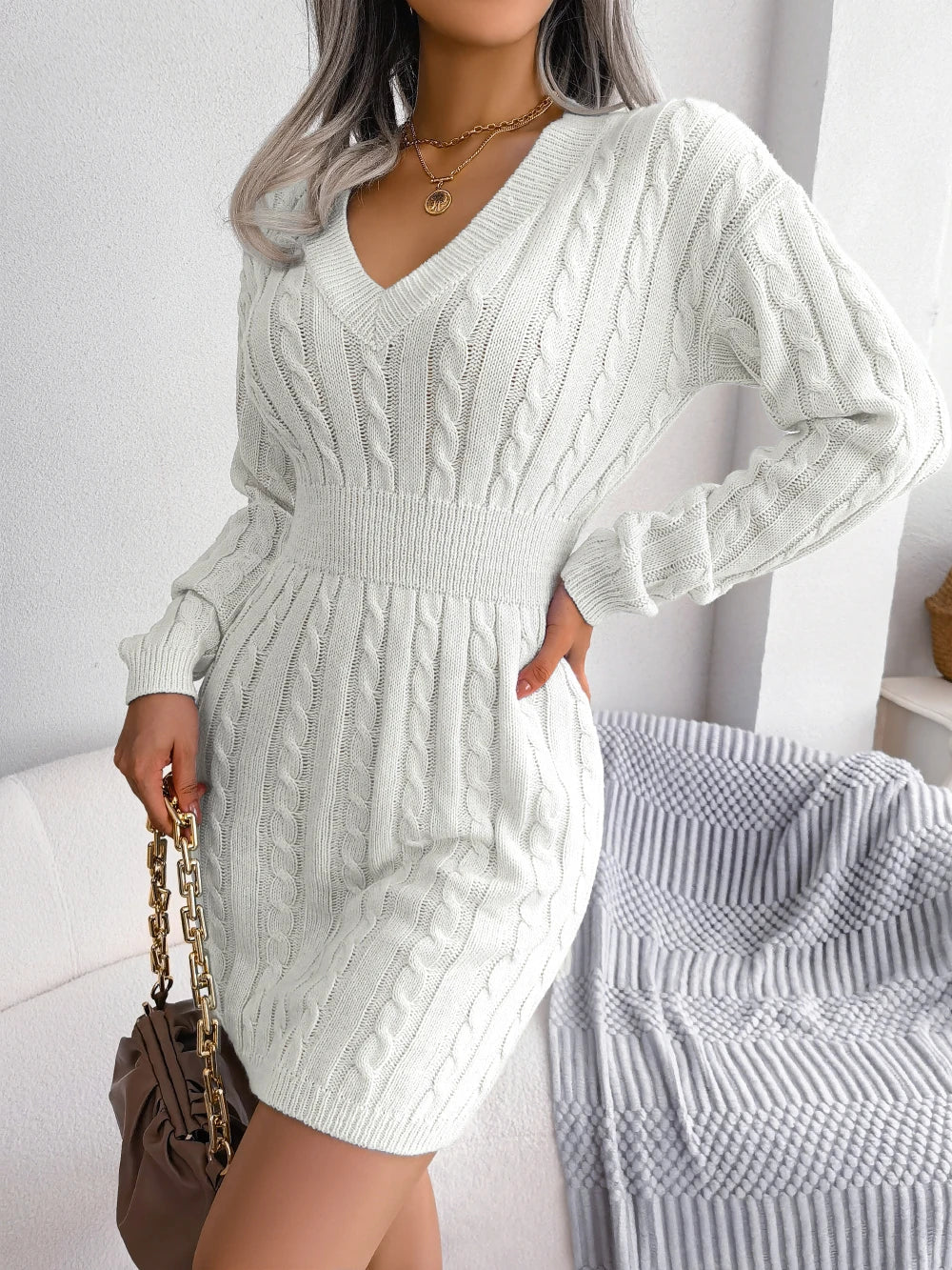Women’s Slim Fit Cable Knit Turtleneck Mini Dress