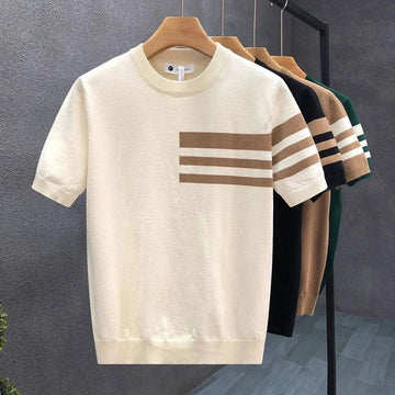 Men's Short Sleeve Knit Jumper - Crew Neck Contrast Stripe Panel