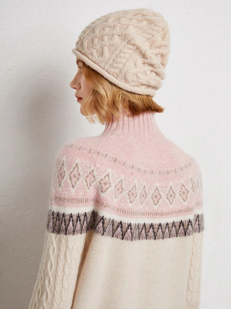 Women’s Jacquard High Neck Knitted Wool Jumper with Patterned Yoke and Ribbed Cuffs