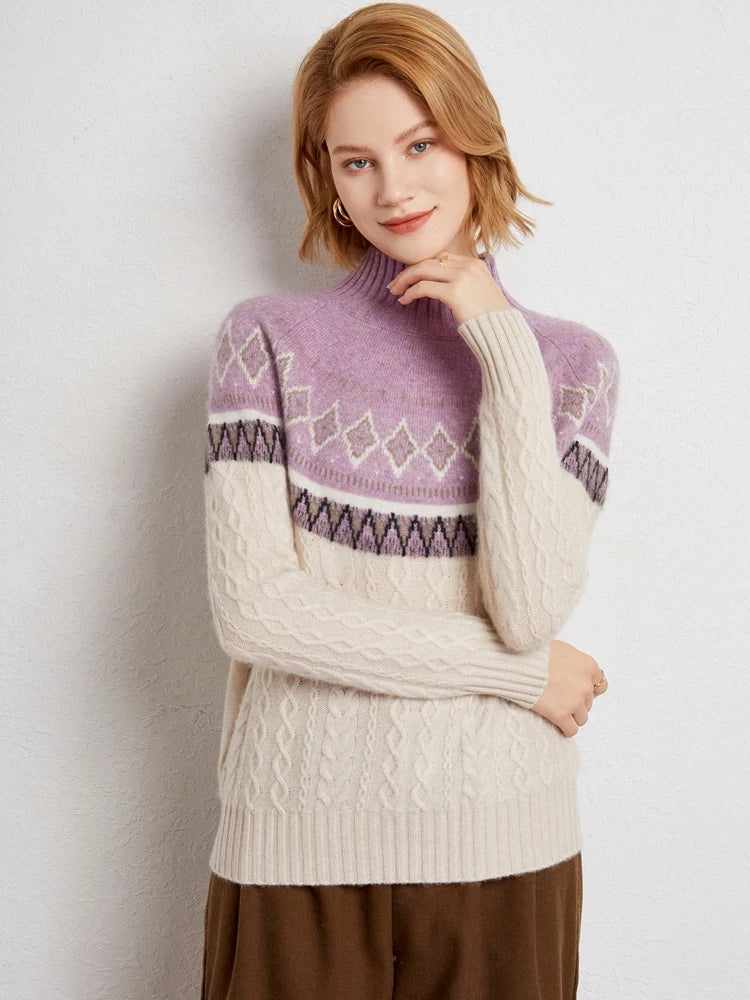 Women’s Jacquard High Neck Knitted Wool Jumper with Patterned Yoke and Ribbed Cuffs
