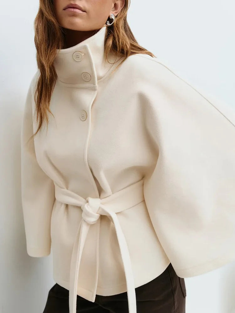 Women’s High Neck Cape Coat with Button Front Closure and Waist Tie Belt