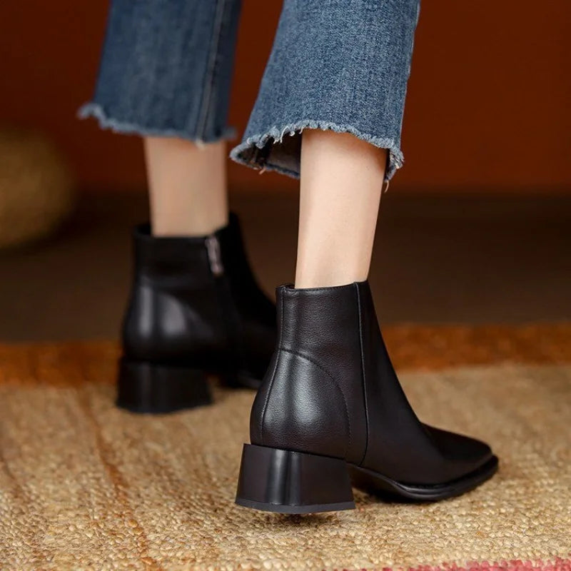 Women’s Ankle Boots – Chunky Block Heel Slip On Boots with Almond Toe