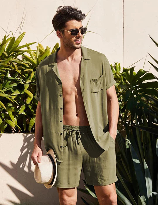 Men's Two Piece Set - Camp Collar Short Sleeve Shirt and Shorts