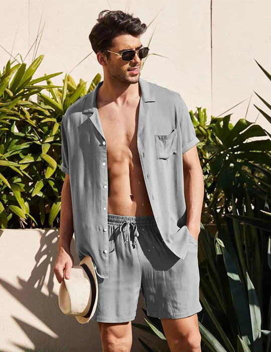 Men's Two Piece Set - Camp Collar Short Sleeve Shirt and Shorts