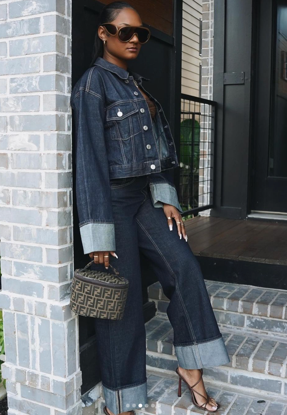 Women's Denim Two Piece Set - Cropped Jacket and Wide Leg Pants with Cuff Detail
