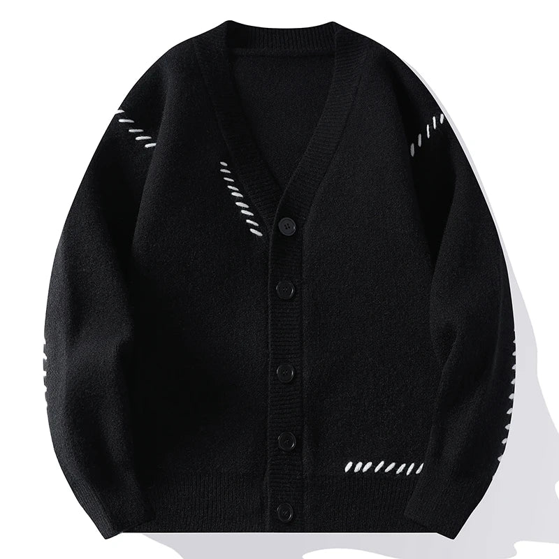 Men's Cardigan - V-Neck Button Front Knit with Contrast Stitch Detail