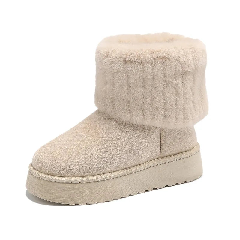 Women’s Faux Fur Ankle Boots with Round Toe and Thick Platform Sole