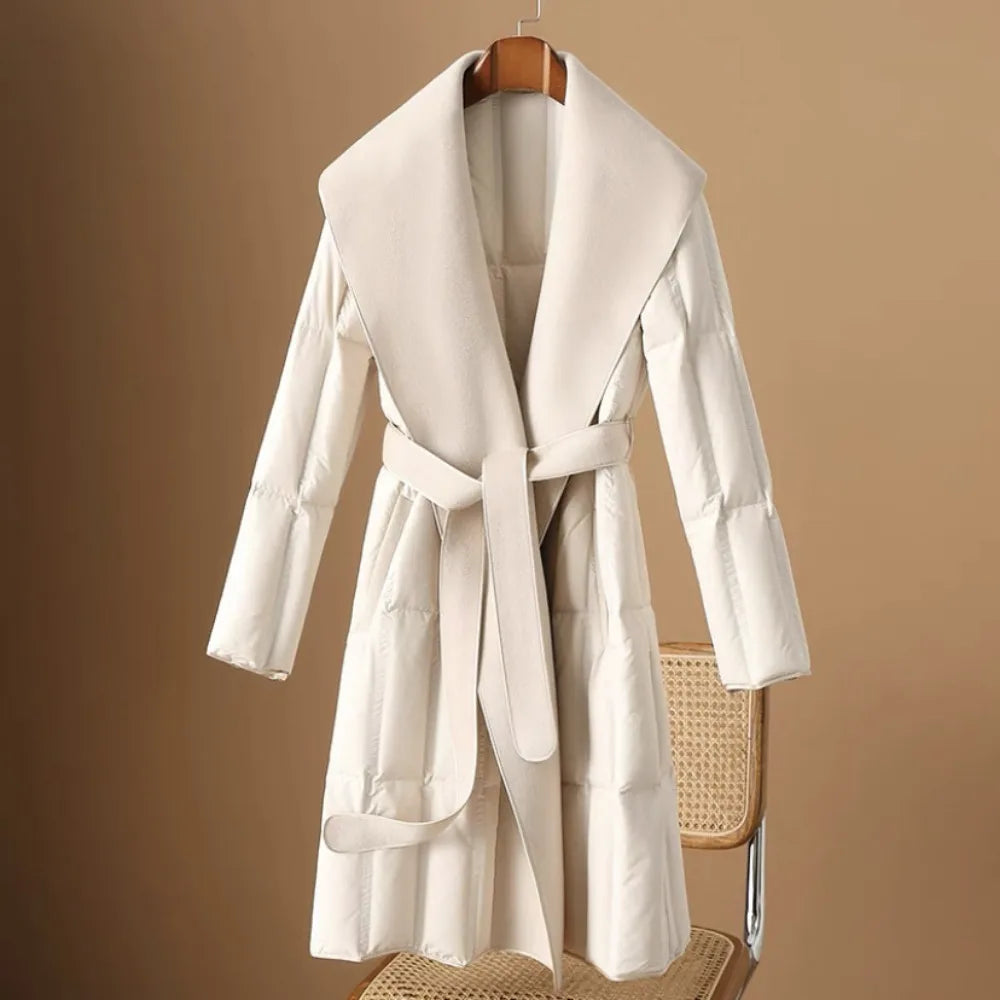 Women’s Long Quilted Duck Down Coat with Wide Shawl Collar and Tie Belt Closure