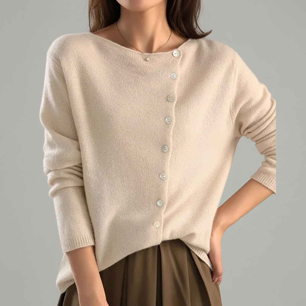 Women’s Asymmetric Button Front Knitted Cardigan Jumper with Long Sleeves and Folded Collar Detail