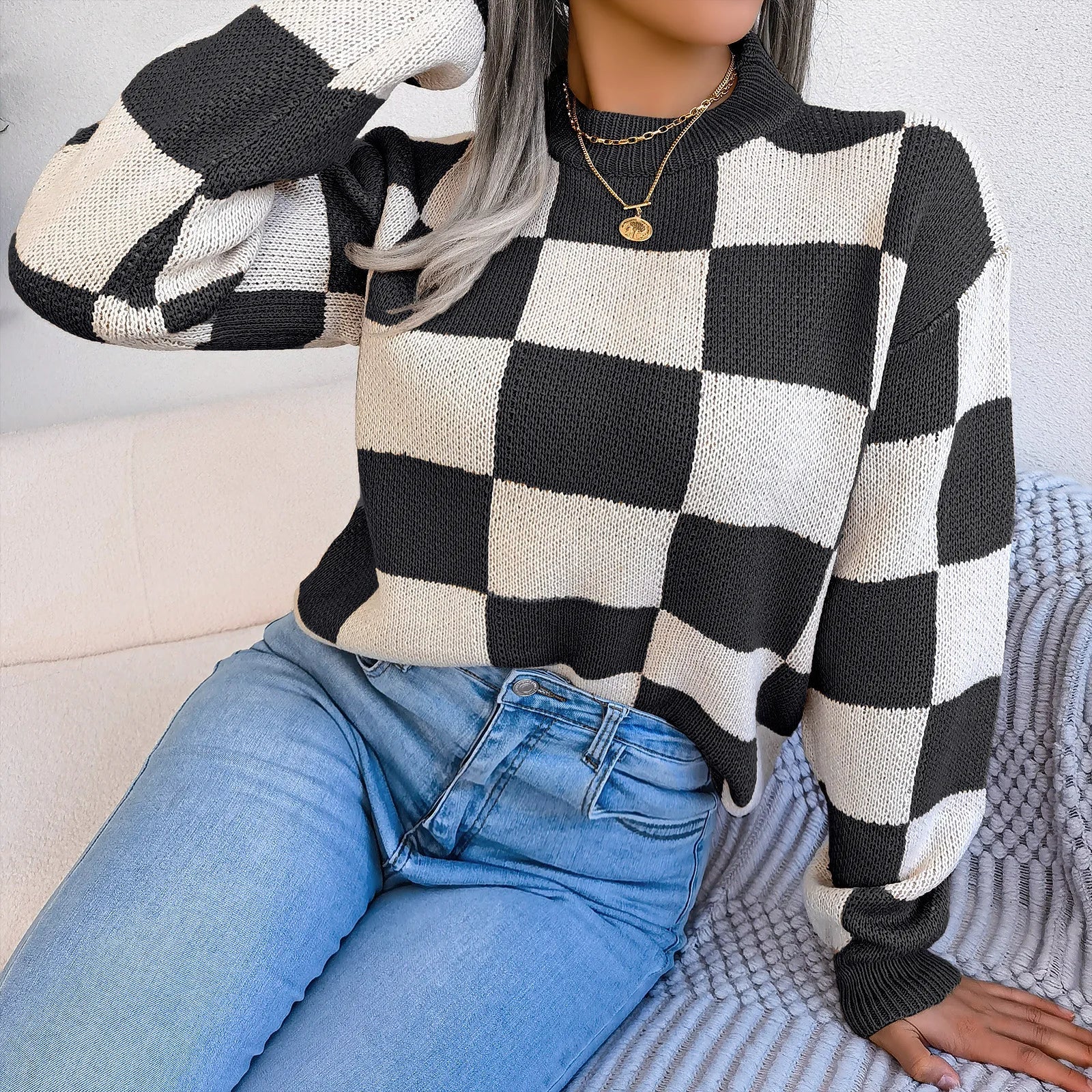 Women’s Jumper – Crew Neck Long Sleeve Checkered Knit with Ribbed Cuffs and Hem