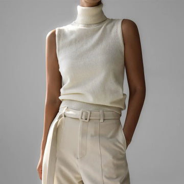 Women’s Sleeveless High Neck Knitted Vest with Ribbed Hem and Fitted Silhouette