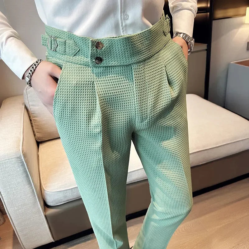Men's Dress Pants - High Waist Slim Fit with Double Button Closure - Pleated Front