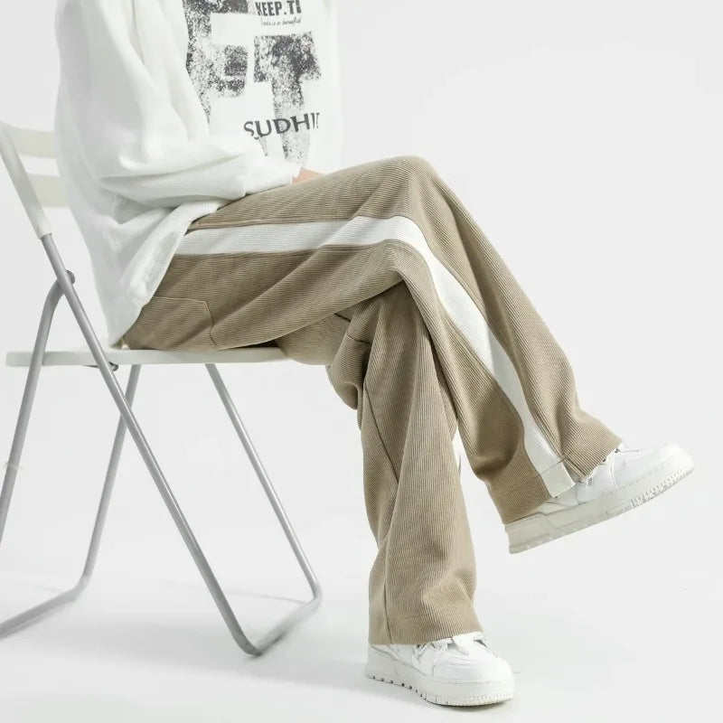 Men's Wide Leg Ribbed Pants with Side Stripe - Drawstring Waist - Full Length Casual Style