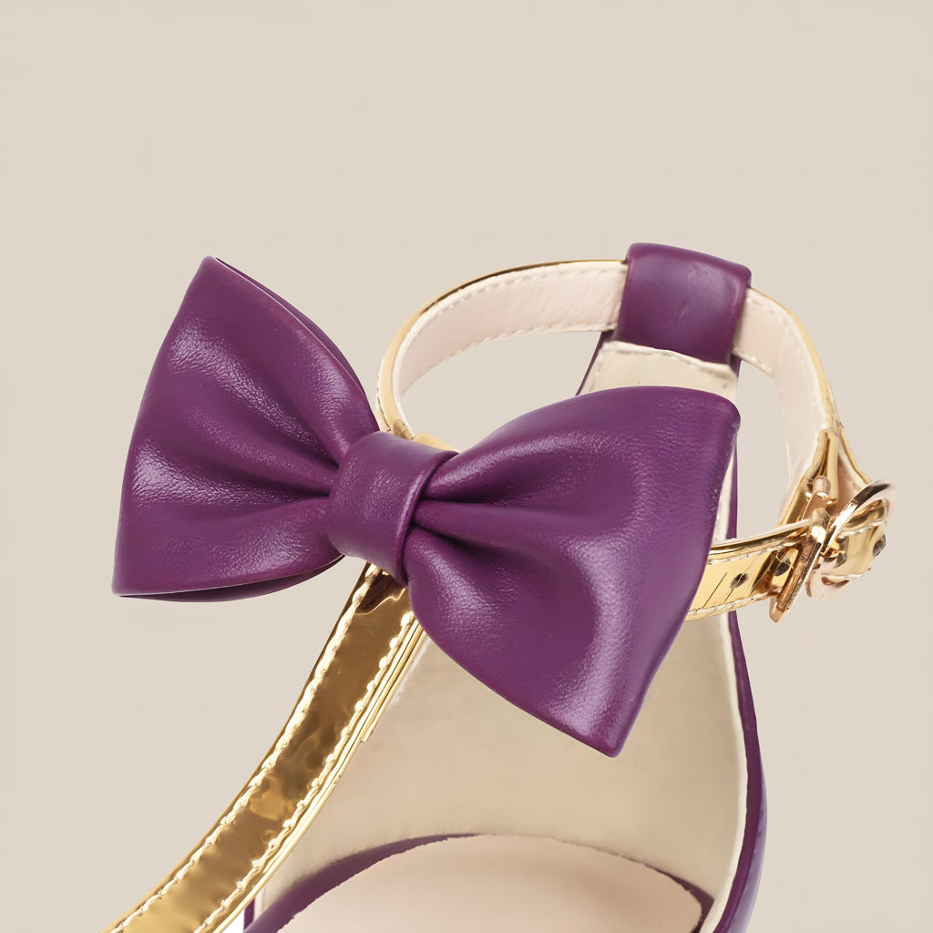 Women’s Pointed Toe Stiletto Heels – Bow T-Strap with Gold Cap Detail