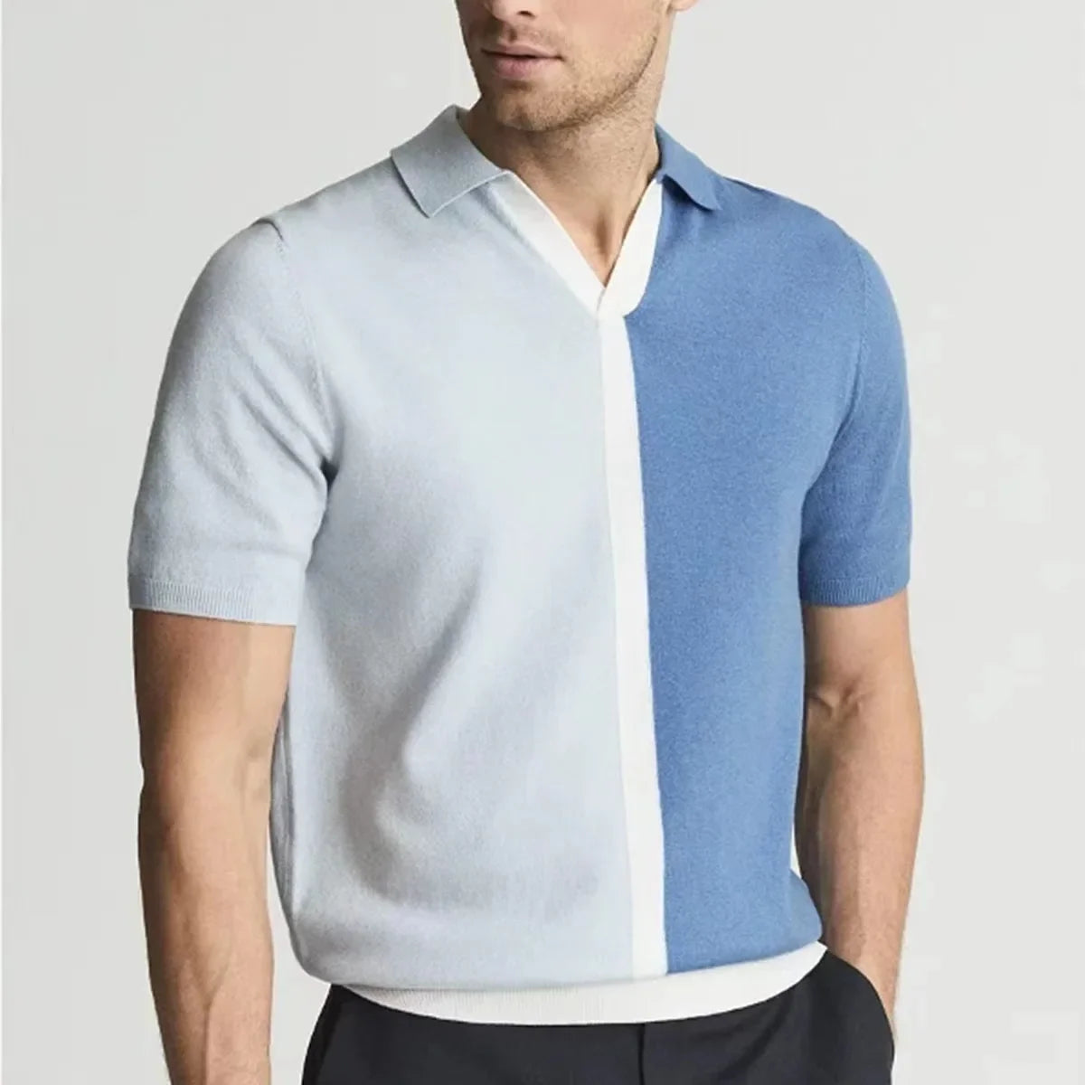 Men's Blue Knit Polo Shirt - Colour Block V-Neck Short Sleeve