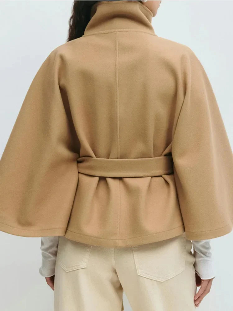 Women’s High Neck Cape Coat with Button Front Closure and Waist Tie Belt