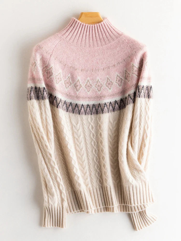 Women’s Jacquard High Neck Knitted Wool Jumper with Patterned Yoke and Ribbed Cuffs