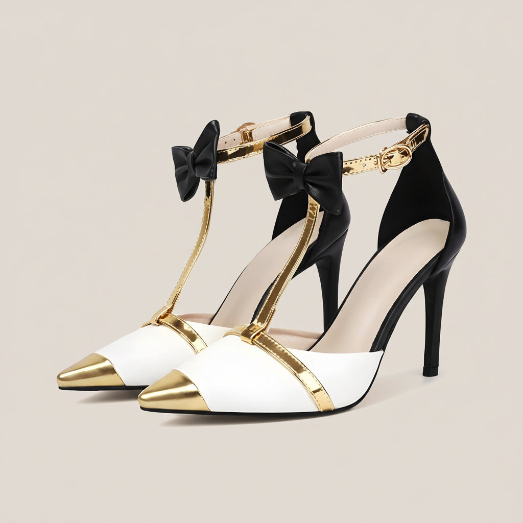 Women’s Pointed Toe Stiletto Heels – Bow T-Strap with Gold Cap Detail