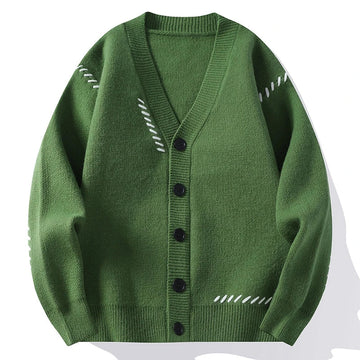 Men's Cardigan - V-Neck Button Front Knit with Contrast Stitch Detail