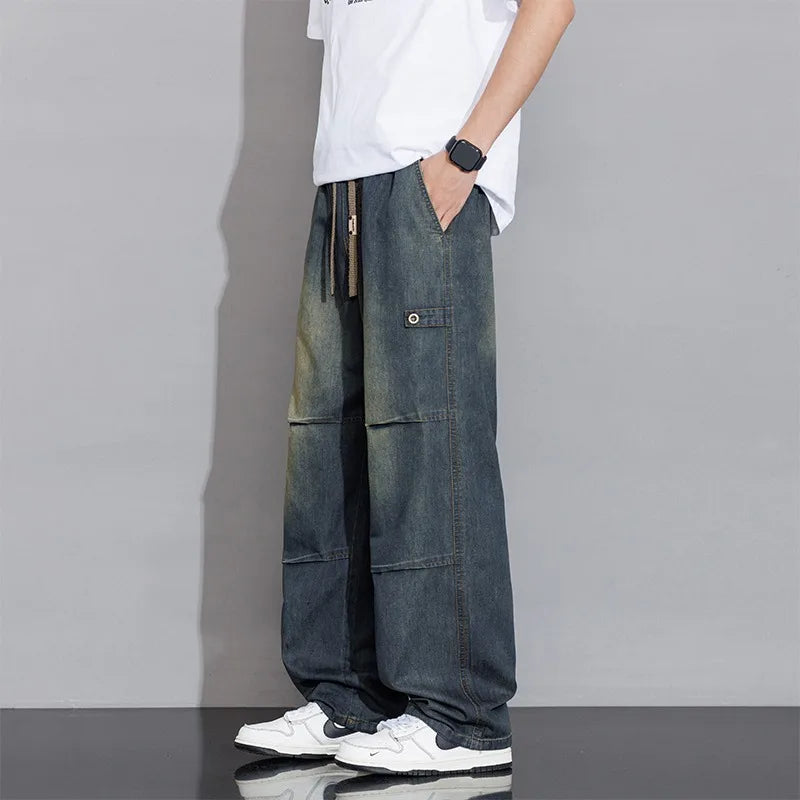 Men's Wide Leg Cargo Pants - Elasticated Waist - Drawstring
