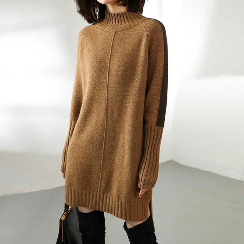 Women’s High-Neck Knit Jumper Dress – Relaxed Longline Silhouette