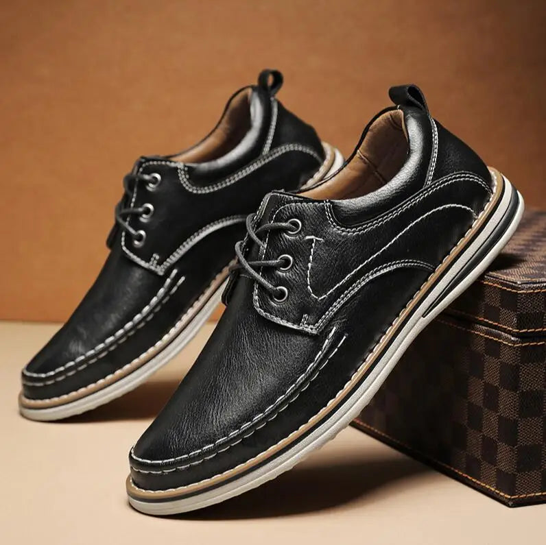 Men's Genuine Leather Lace Up Casual Shoes - Contrast Stitch - Layered Sole