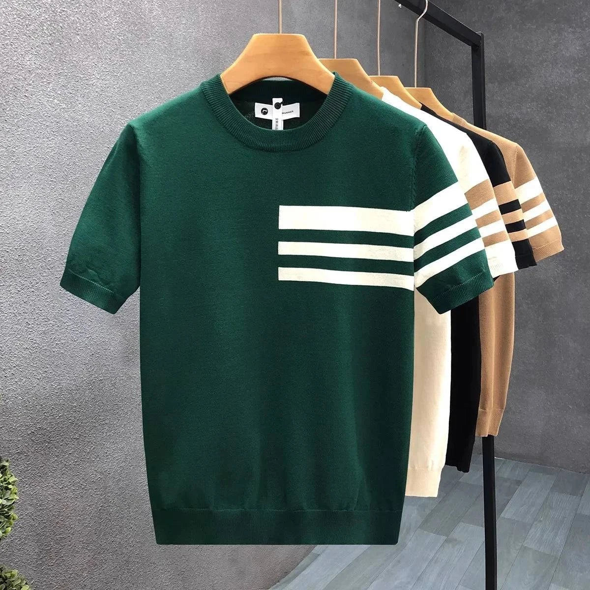 Men's Short Sleeve Knit Jumper - Crew Neck Contrast Stripe Panel