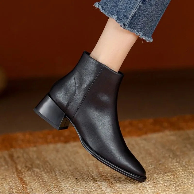 Women’s Ankle Boots – Chunky Block Heel Slip On Boots with Almond Toe