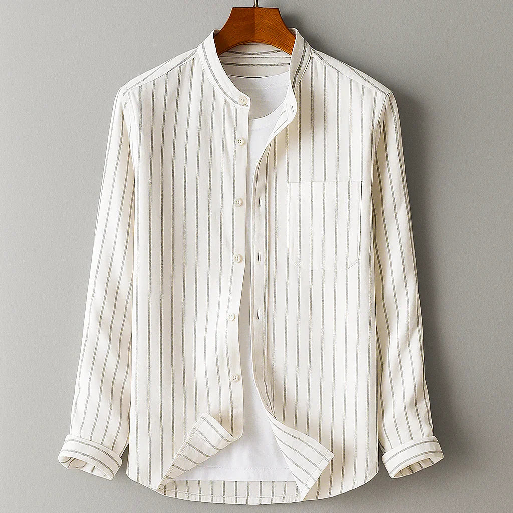 Men's Long Sleeve Shirt - Striped Button Up Mandarin Collar