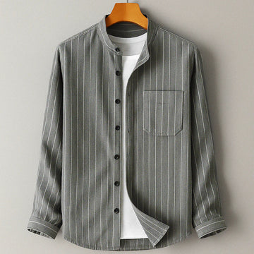 Men's Long Sleeve Shirt - Striped Button Up Mandarin Collar