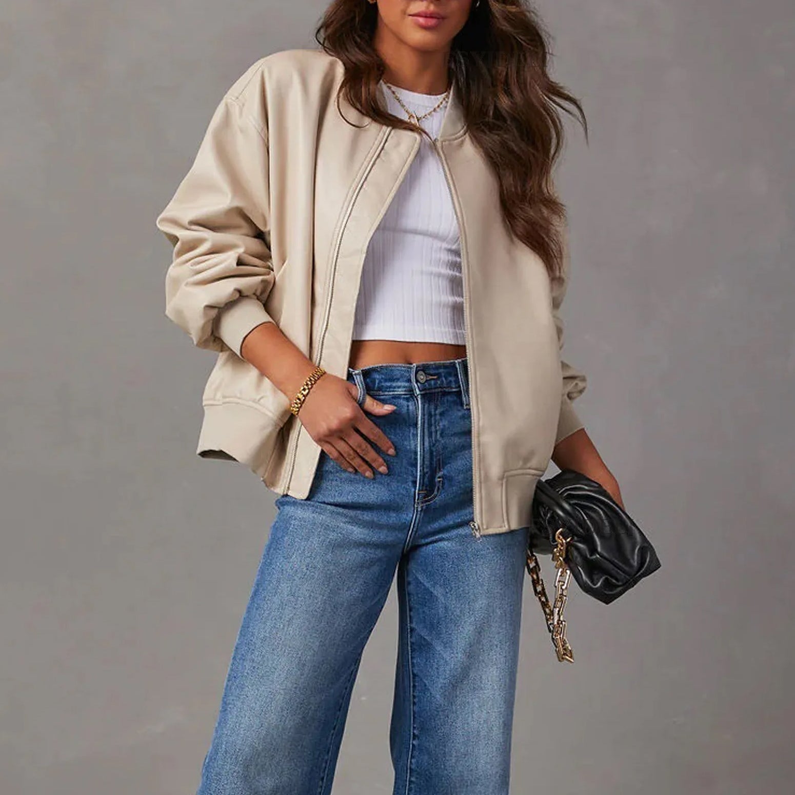 Women's Cropped Bomber Jacket - Zip-Up Stand Collar with Ribbed Cuffs and Hem Band