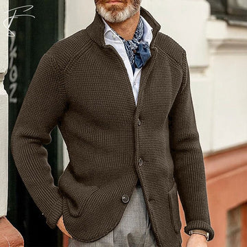 Men's Single Breasted Stand Collar Knitted Cardigan - Button Up Long Sleeve Knit Jacket with Ribbed Cuffs