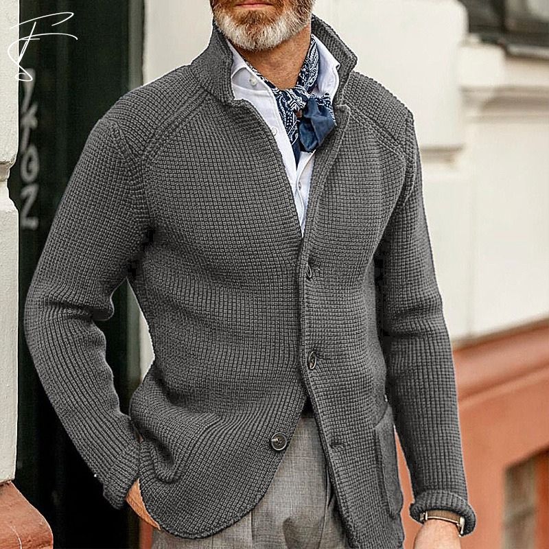Men's Single Breasted Stand Collar Knitted Cardigan - Button Up Long Sleeve Knit Jacket with Ribbed Cuffs