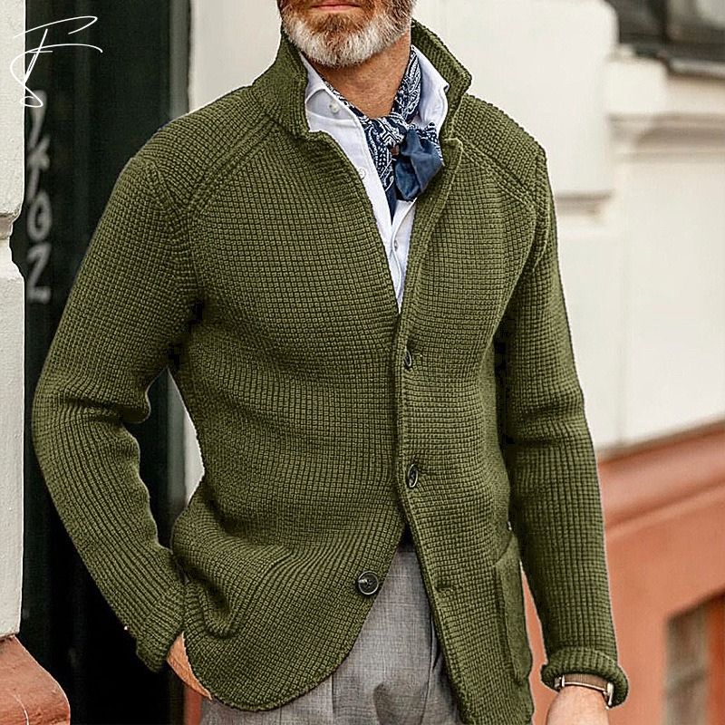 Men's Single Breasted Stand Collar Knitted Cardigan - Button Up Long Sleeve Knit Jacket with Ribbed Cuffs