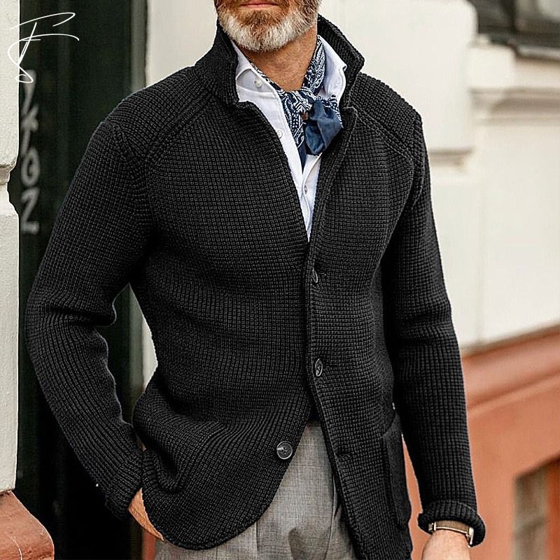 Men's Single Breasted Stand Collar Knitted Cardigan - Button Up Long Sleeve Knit Jacket with Ribbed Cuffs