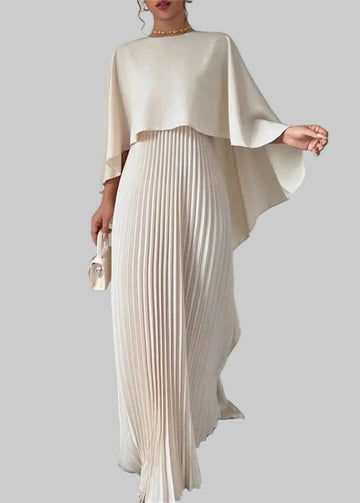 Women's Maxi Dress - Crew Neck - Cape Sleeve - Pleated Skirt