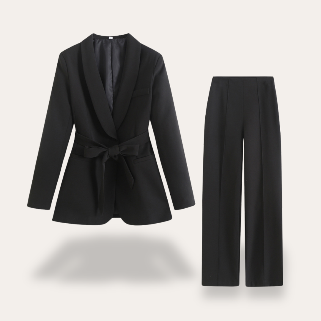 Women's Pant Suit Set - Shawl Collar Belted Blazer and Wide-Leg Pants