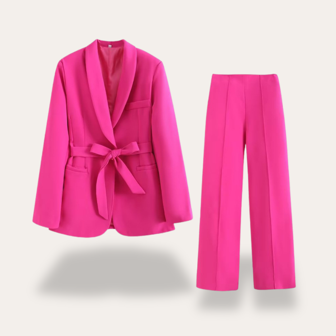 Women's Pant Suit Set - Shawl Collar Belted Blazer and Wide-Leg Pants
