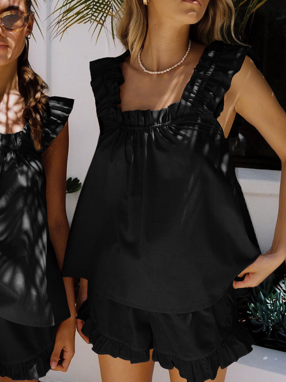 Women’s Ruffle Lounge Set – Sleeveless Top and Shorts