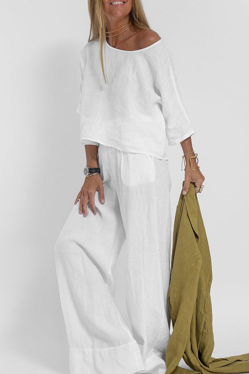 Women’s White Two-Piece Set – Wide-Leg Trousers & Relaxed Top