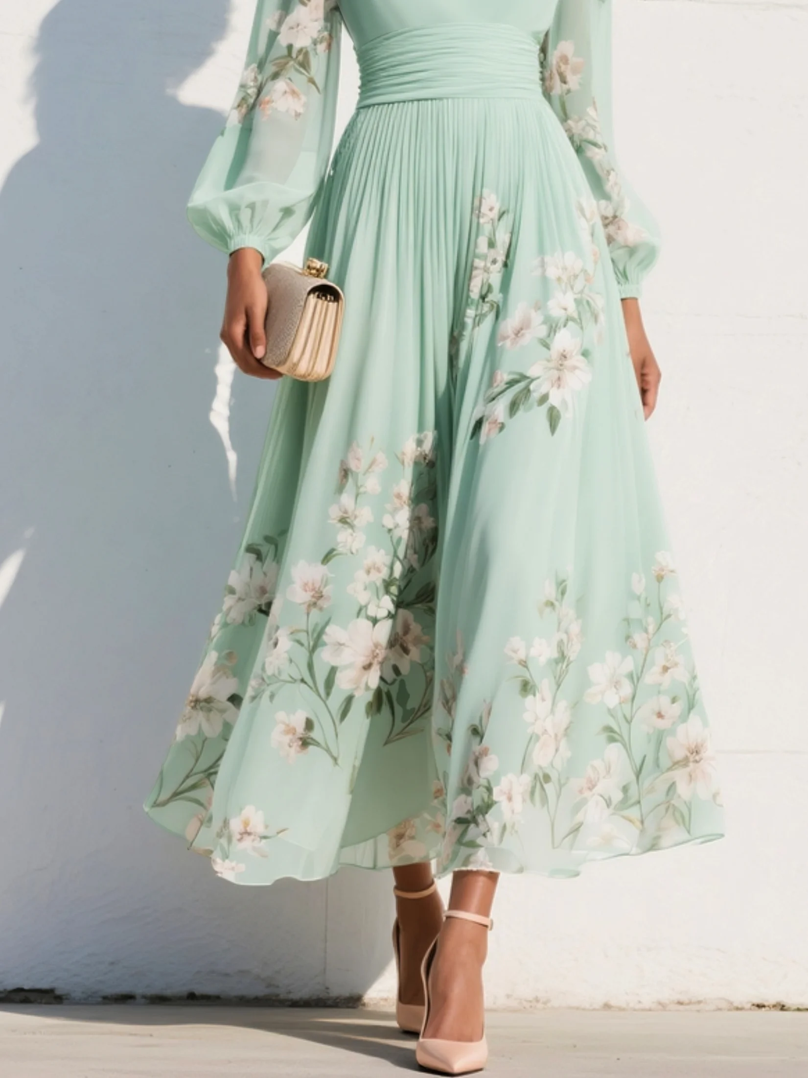 Women's Floral V-Neck Long Sleeve Midi Dress with Balloon Sleeves